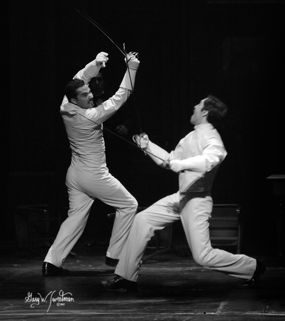 Andhy Mendez as Laertes fights with Frankie J. Alvarez as Hamlet, Prince of Cuba in Asolo Rep's 2012 Production