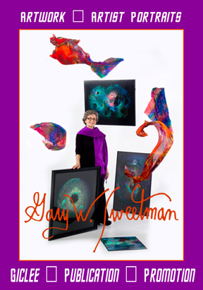 Henie Lorant artist with flying scarves and artwork